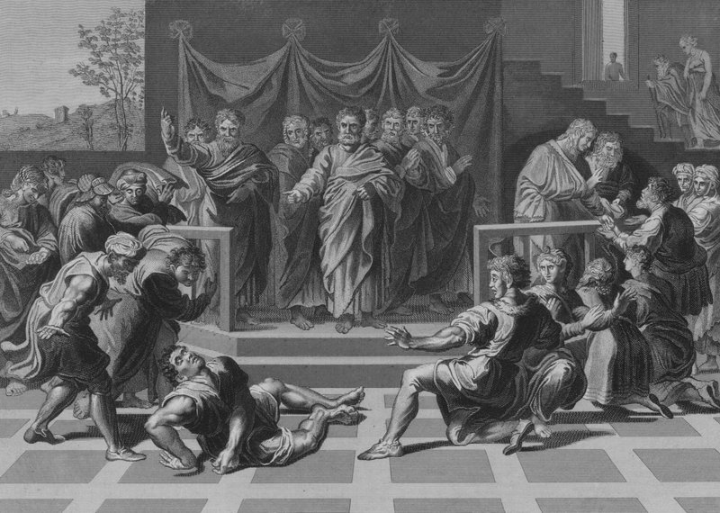 Ananiaksen kuolema (kaiverrus) tekijältä after Raphael