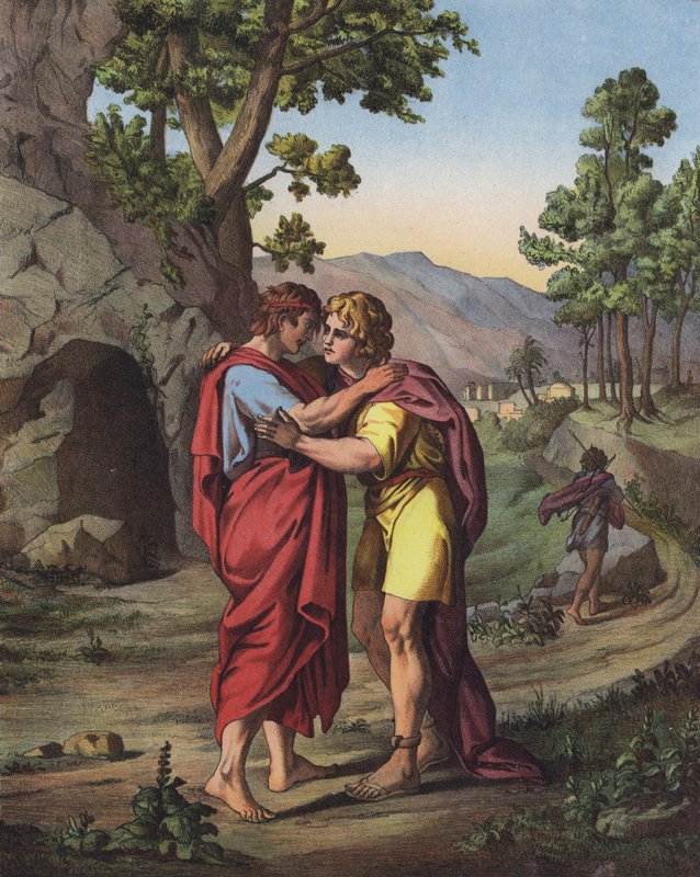 Daavidin ja Joonatanin viimeinen tapaaminen (värilitho) tekijältä after Raphael