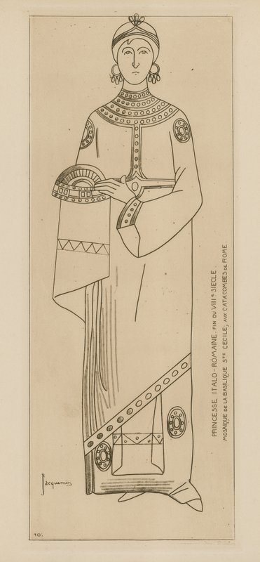 Italialais-roomalainen prinsessa. Kahdeksannen vuosisadan loppu. Pyhän Cecilian basilikan mosaiikki Rooman katakombeissa. tekijältä Raphael Jacquemin