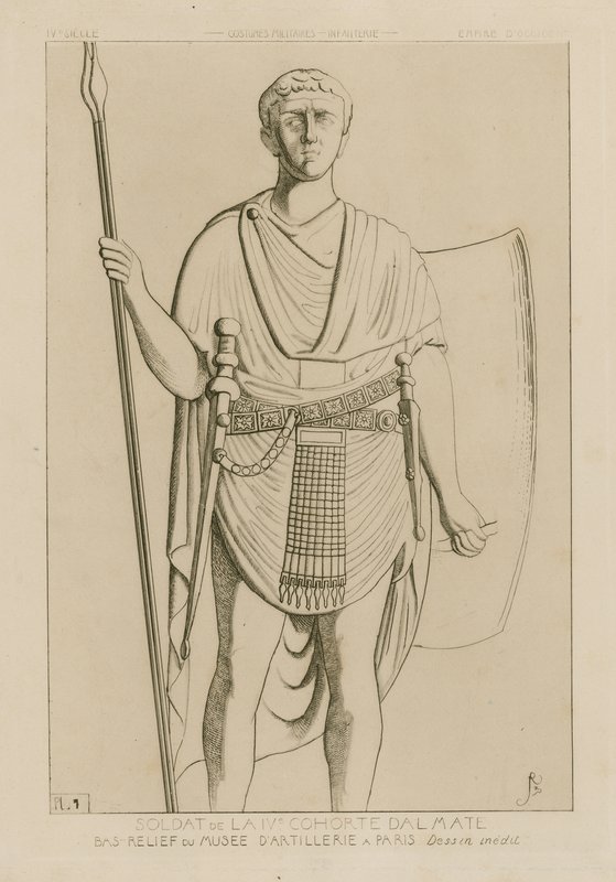 IV dalmatialaisen kohortin sotilas. Basreliefi Pariisin Tykistömuseossa. Julkaisematon piirustus. Sotilaspuvut - jalkaväki - Läntinen valtakunta. tekijältä Raphael Jacquemin