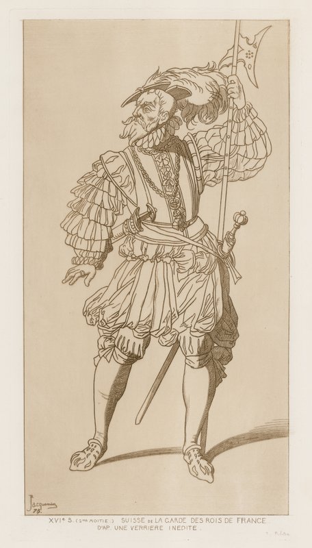 Sveitsiläinen sotilas la garde des rois de Francessa. 1500-luvun toinen puoli. Julkaisemattoman verrieren jälkeen. tekijältä Raphael Jacquemin