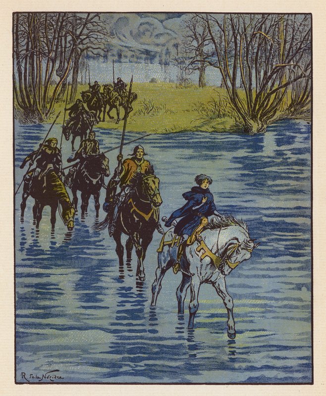 Chevauchee De Jeanne Pour Aller Trouver Charles VII A Chinon (värilitografia) tekijältä Raymond de la Neziere