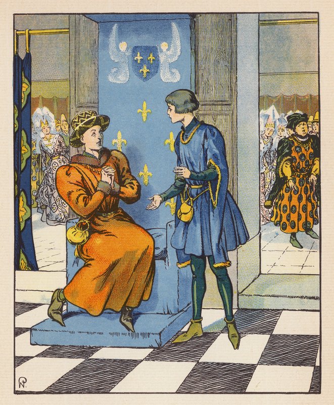 Conversation Secrete De Jeanne Avec Charles VII (värilitografia) tekijältä Raymond de la Neziere
