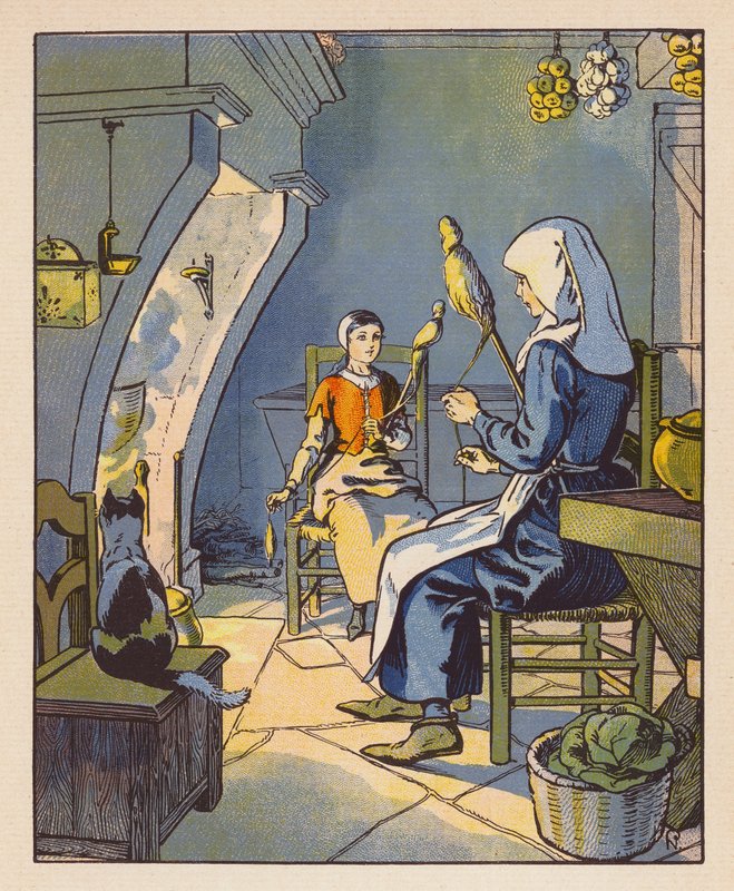 Jeanne A Domremy Avec Sa Mere (värilitografia) tekijältä Raymond de la Neziere