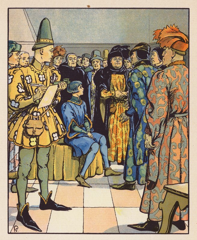 Jeanne teologian tohtorien edessä Poitiersissa (värilitografia). tekijältä Raymond de la Neziere