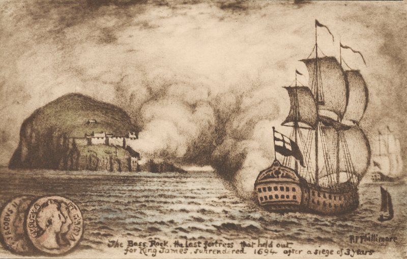 Bass Rock, Skotlanti, viimeinen linnoitus syrjäytetyn kuningas James II:n tukena vuoden 1688 kunniakkaan vallankumouksen jälkeen tekijältä Reginald Phillimore