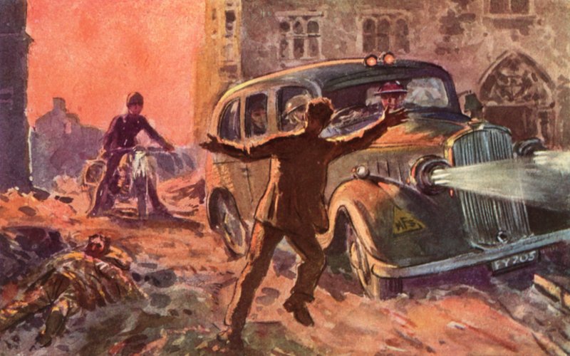 Bombeiros do British National Fire Service durante a guerra sendo alertados para a presença de uma vítima gravemente ferida de um ataque aéreo, Segunda Guerra Mundial finlandesa tekijältä Reginald Mills