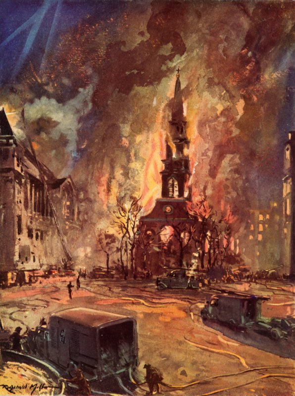 St Clement Danesin kirkko, Strand, Lontoo, palanut Blitzin aikana, toisessa maailmansodassa tekijältä Reginald Mills