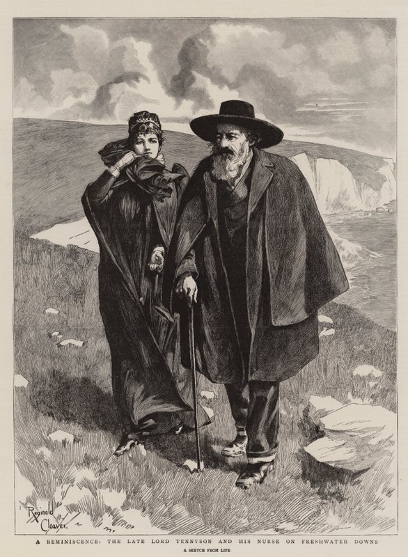 Muistoja, Lordi Tennyson ja hänen hoitajansa Freshwater Downsissa (kaiverrus). tekijältä Reginald Thomas Cleaver