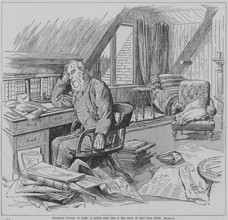Englantilainen fyysikko John Tyndall kotinsa Hindhead Housen työhuoneessa, Haslemere, Surrey (kaiverrus). tekijältä Reginald Thomas Cleaver