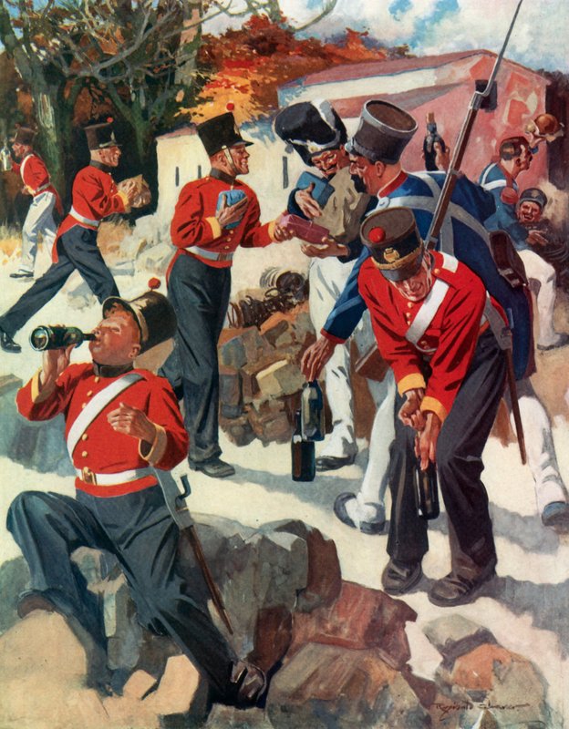 Entente Cordiale - englantilaiset ja ranskalaiset joukot jakavat lahjoja Wellingtonin kampanjan aikana niemimaalla (värilitografia). tekijältä Reginald Thomas Cleaver
