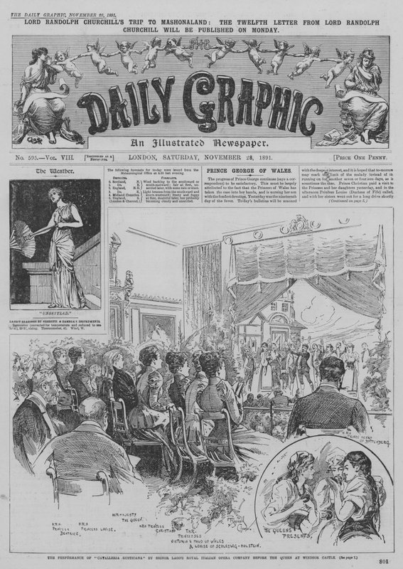 Kuninkaallisen italialaisen oopperayhtyeen Cavalleria Rusticanan esitys kuningatar Victorian edessä Windsorin linnassa. tekijältä Reginald Thomas Cleaver