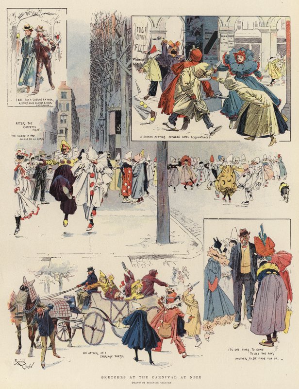 Luonnoksia Nizzan karnevaaleilla (värilitografia) tekijältä Reginald Thomas Cleaver