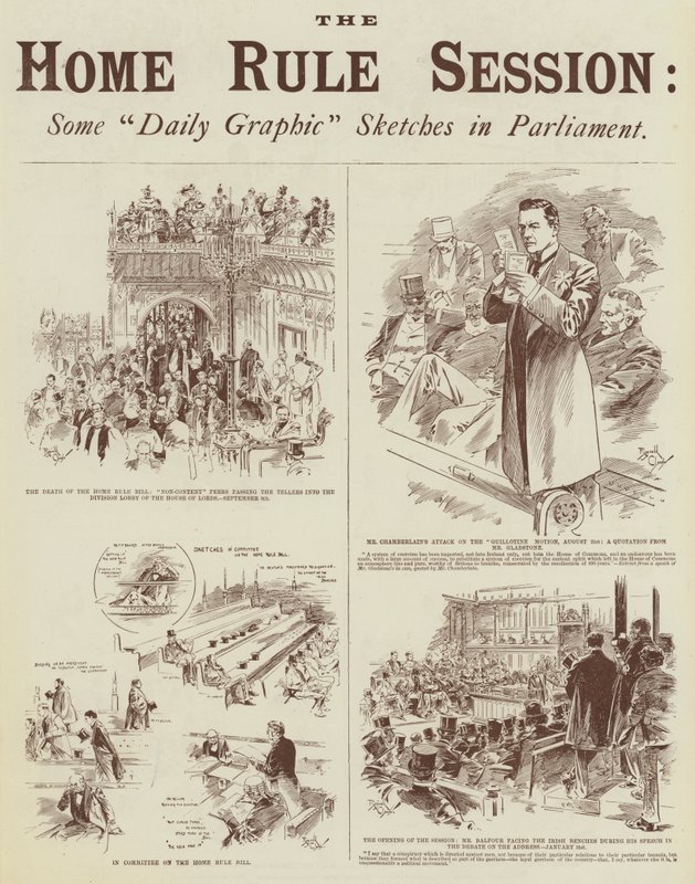 Itsehallintoalueen istunto, joitakin "Daily Graphic" -piirroksia parlamentissa (kaiverrus). tekijältä Reginald Thomas Cleaver