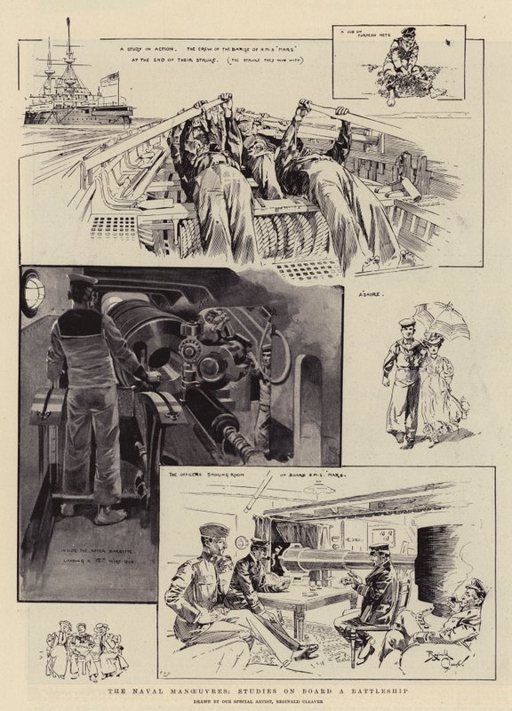 Merivoimien manööverit, tutkimuksia taistelulaivalla (litografia). tekijältä Reginald Thomas Cleaver