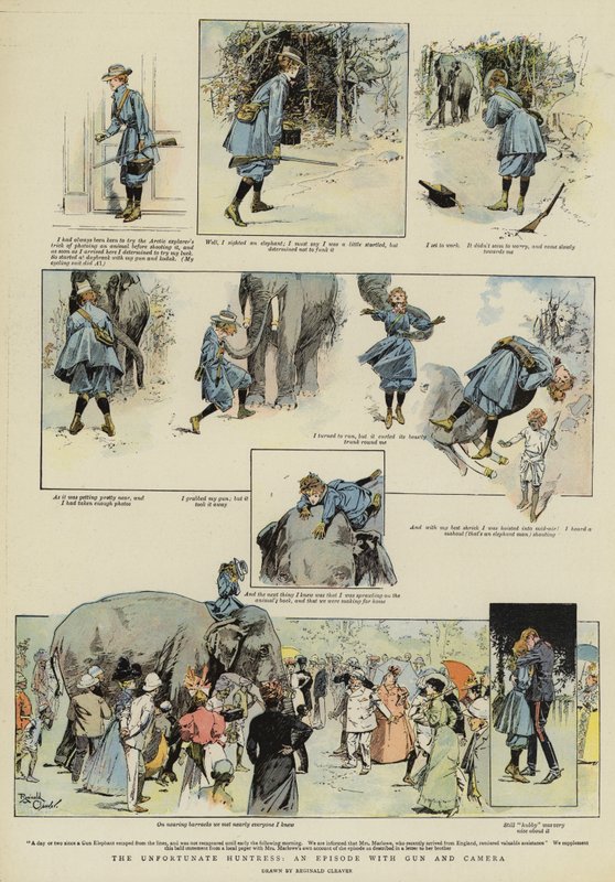 Onneton metsästäjä, jakso aseella ja kameralla (chromolitho) tekijältä Reginald Thomas Cleaver