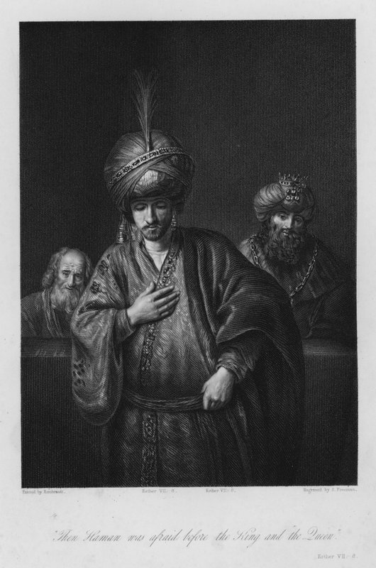 Hamanin tuomio, Esther VII, 6 (kaiverrus) tekijältä Rembrandt Harmensz. van Rijn (after)