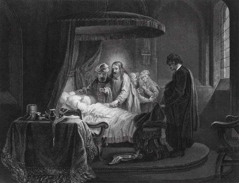 Jairuksen tyttären ylösnousemus, Markus, V luku, jakeet 35, 42 (kaiverrus). tekijältä Rembrandt Harmensz. van Rijn (after)