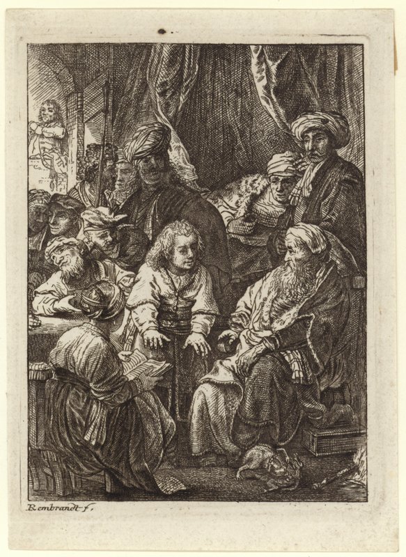 Ihmisjoukko kerääntyi istuvan vanhan miehen ympärille - tekijältä Rembrandt van Rijn