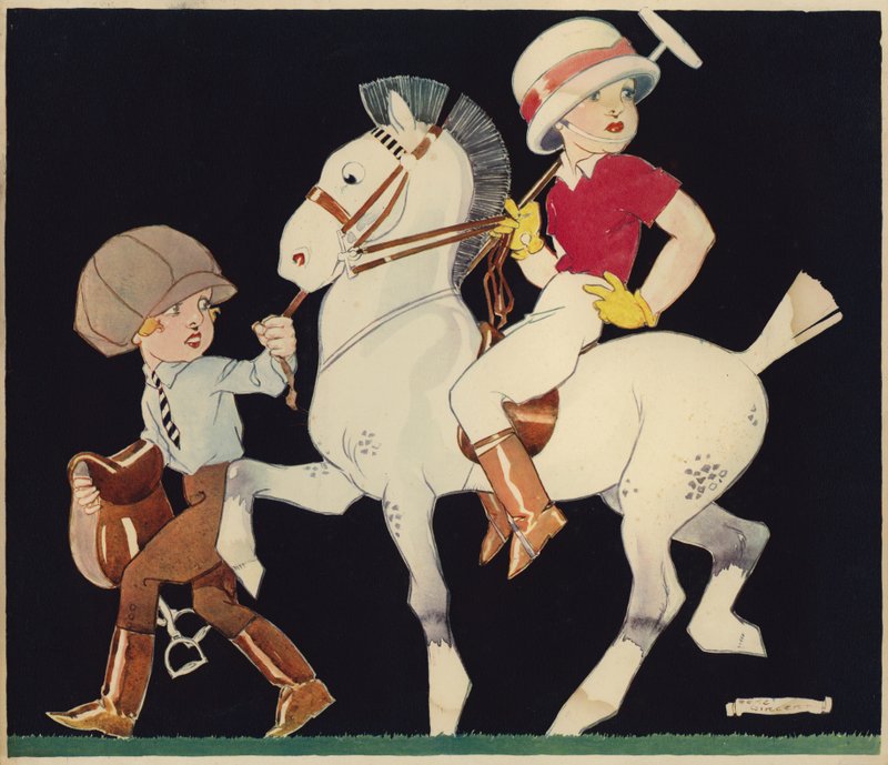 Poika pooloponilla, tallitytön johdolla (väri litho) tekijältä Rene Vincent