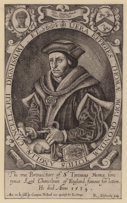 Sir Thomas More, englantilainen lakimies, valtiomies, filosofi ja humanisti (kaiverrus) tekijältä Renold (after) Elstrack