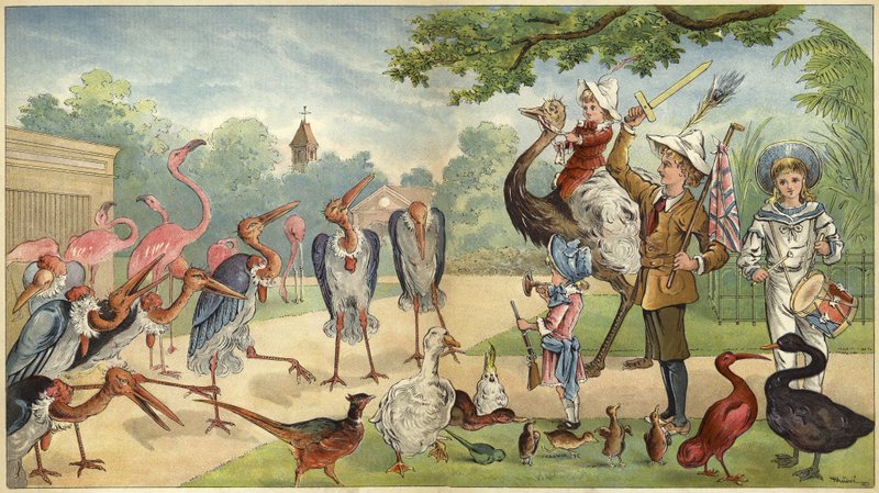 Lapset puhuttelevat eläintarhan lintuja (chromolitho) tekijältä Richard Andre