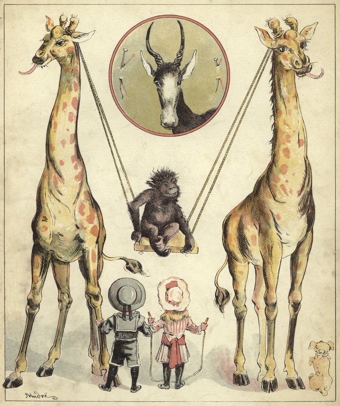 Kirahvit leikkivät apinan kanssa (chromolitho) tekijältä Richard Andre