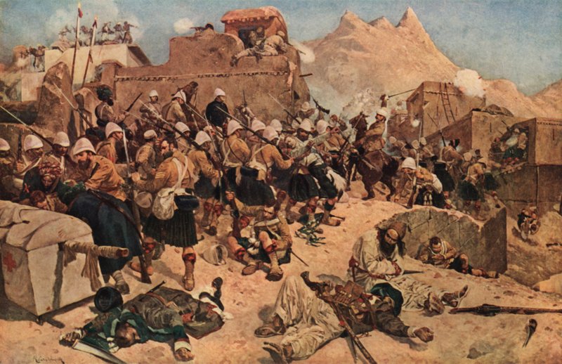 92. ylämaalaiset ja 2. gurkhat hyökkäämässä Gaudi Mullah Sahibdadia vastaan Kandaharissa, Afganistanissa, 1880 tekijältä Richard Caton II Woodville
