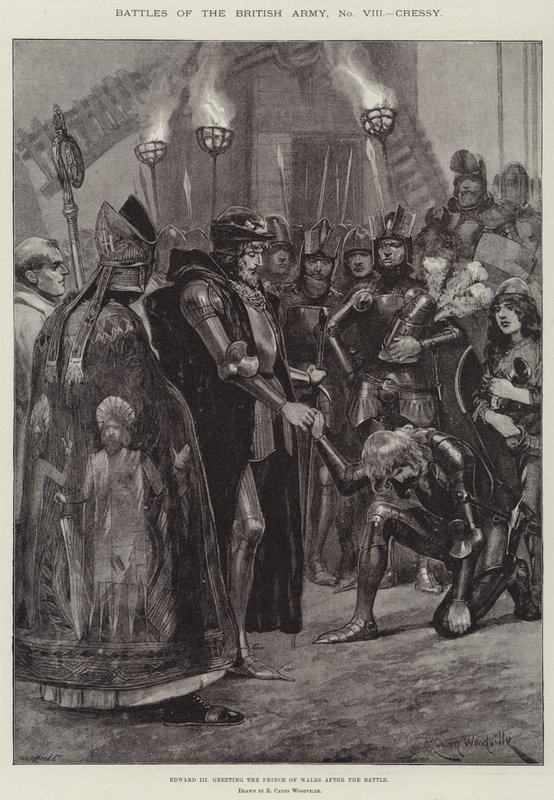 Brittiarmeijan taistelut, Cressy, Edward III tervehtimässä Walesin prinssiä taistelun jälkeen tekijältä Richard Caton Woodville junior