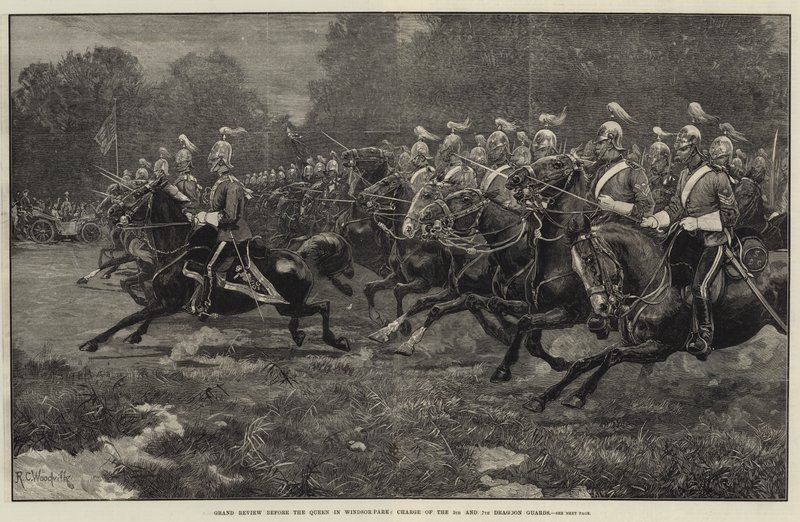 Suuri katsaus kuningattaren edessä Windsor Parkissa, 5. ja 7. Dragoon Guardsin panos tekijältä Richard Caton Woodville junior