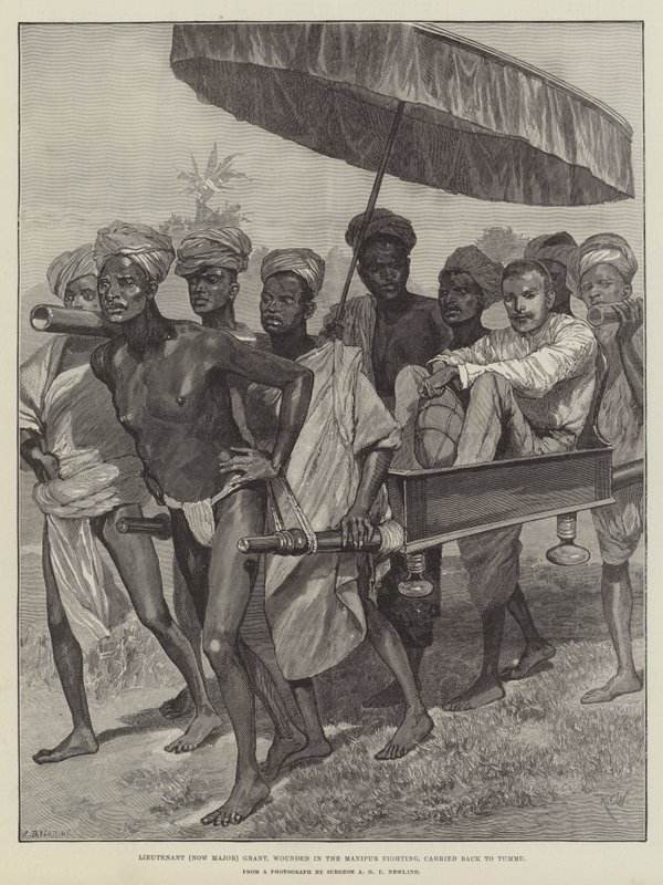 Luutnantti (nykyisin majuri) Grant, haavoittunut Manipur-taisteluissa, kuljetettiin takaisin vatsaan tekijältä Richard Caton Woodville junior
