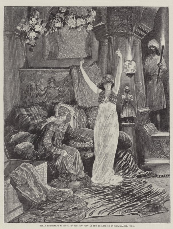 Sarah Bernhardt Izeylinä Pariisin Theatre de la Renaissancen uudessa näytelmässä tekijältä Richard Caton Woodville junior