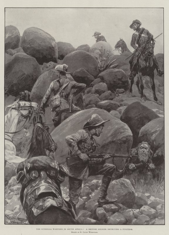 Guerilla Warfare Etelä-Afrikassa, brittiläinen sotilas havaitsee pakolaisen tekijältä Richard Caton Woodville junior
