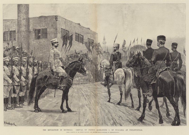 Vallankumous Roumeliassa, Bulgarian prinssi Aleksanteri I:n saapuminen Philippopolisiin tekijältä Richard Caton Woodville junior