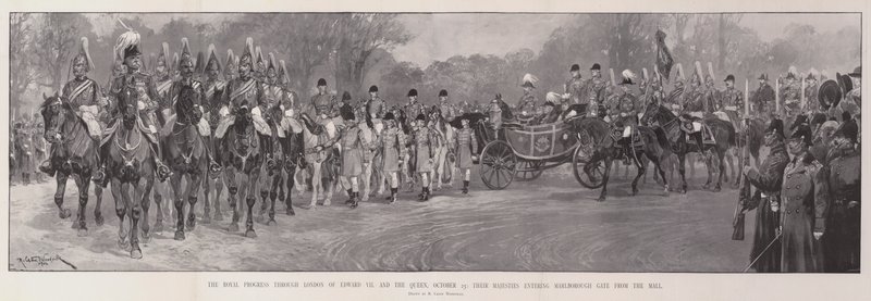 Edward VII:n ja kuningattaren kuninkaallinen eteneminen Lontoon läpi, 25. lokakuuta, Heidän Majesteettinsa sisään Marlborough Gaten ostoskeskuksesta tekijältä Richard Caton Woodville junior