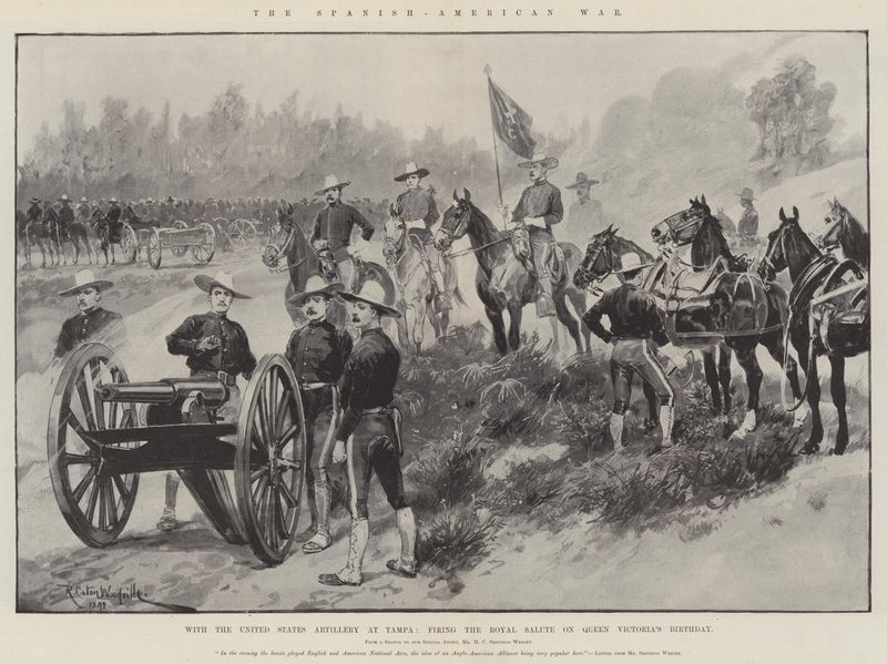 Espanjan ja Amerikan sota, jossa Yhdysvaltain tykistö Tampassa ampui kuninkaallisen tervehdyksen kuningatar Victorian syntymäpäivänä tekijältä Richard Caton Woodville junior