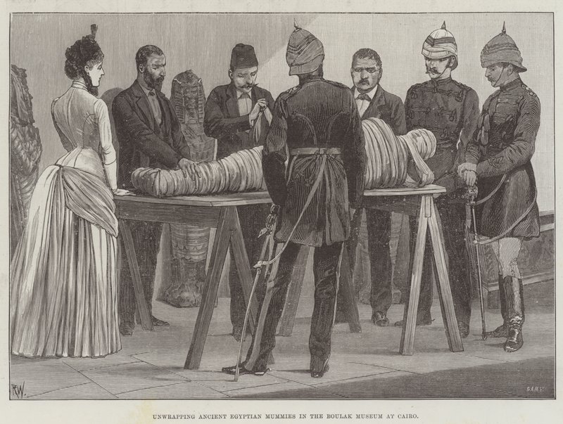Muinaisten egyptiläisten muumioiden purkaminen Kairon Boulak-museossa tekijältä Richard Caton Woodville junior