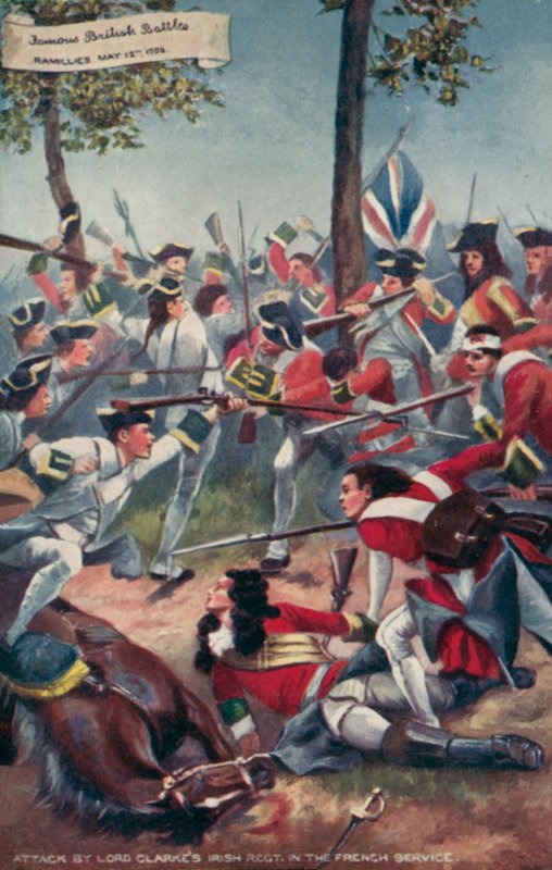 Lord Clarkesin irlantilaisen rykmentin hyökkäys Ranskan palveluksessa, Ramilliesin taistelu, Espanjan peräkkäissota, 1706 tekijältä Richard Caton II Woodville