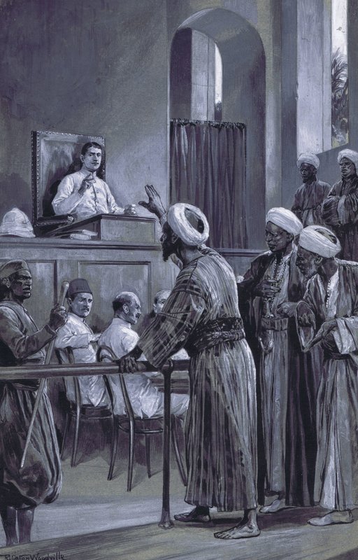 Sir William Lloyd Matthews jakaa oikeutta Sansibarissa 1882 tekijältä after Richard Caton II Woodville