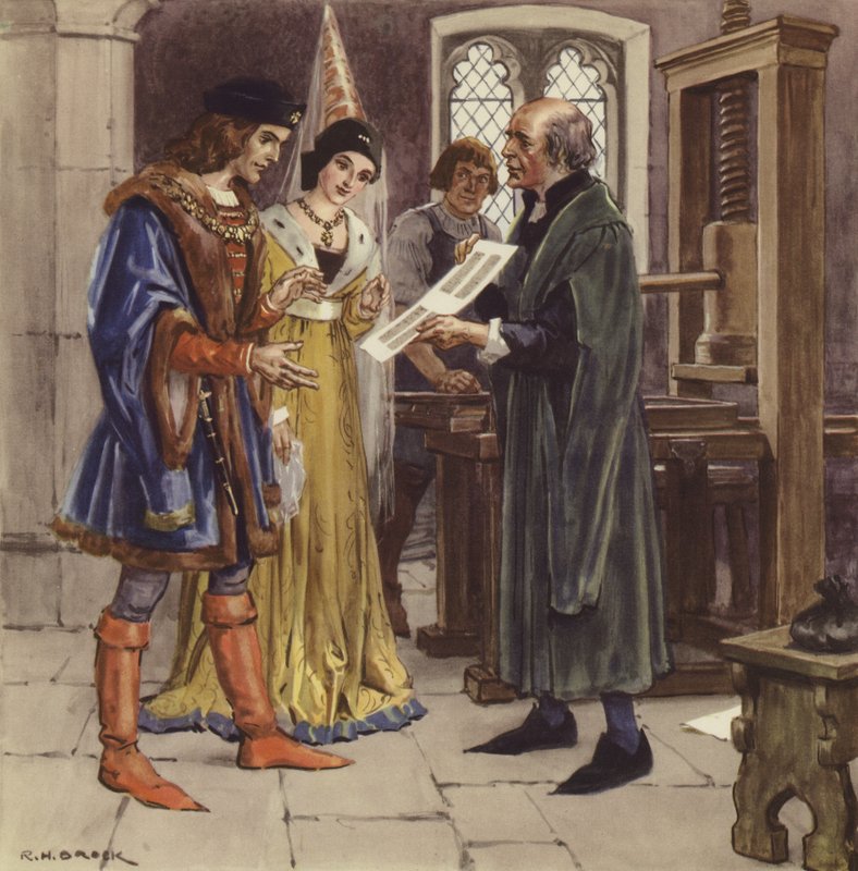 William Caxton näyttää tulostettua sivua Edward IV:lle ja hänen kuningattarelleen tekijältä Richard Henry Brock