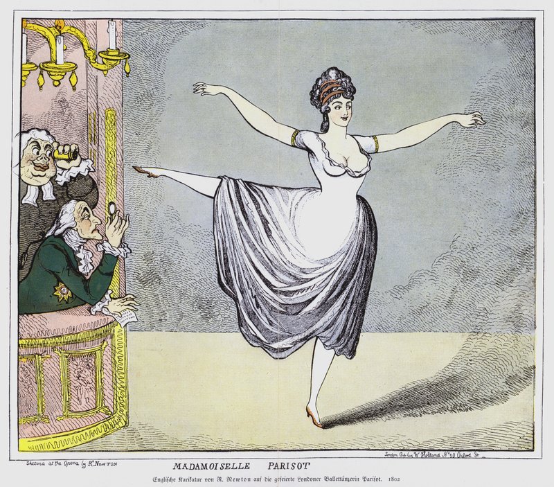 Englantilainen sarjakuva, joka kuvaa yleisön miespuolisia jäseniä kiistanalaisen ranskalaisen balerina Mademoiselle Parisotin esityksestä, 1802 tekijältä Richard Newton