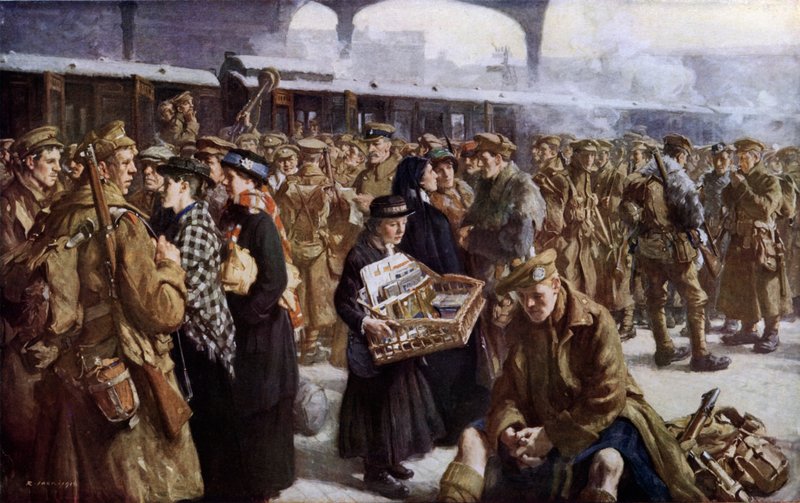 Victorian asema, WW1, lähtö Ranskaan (väri litho) tekijältä Richard (after) Jack