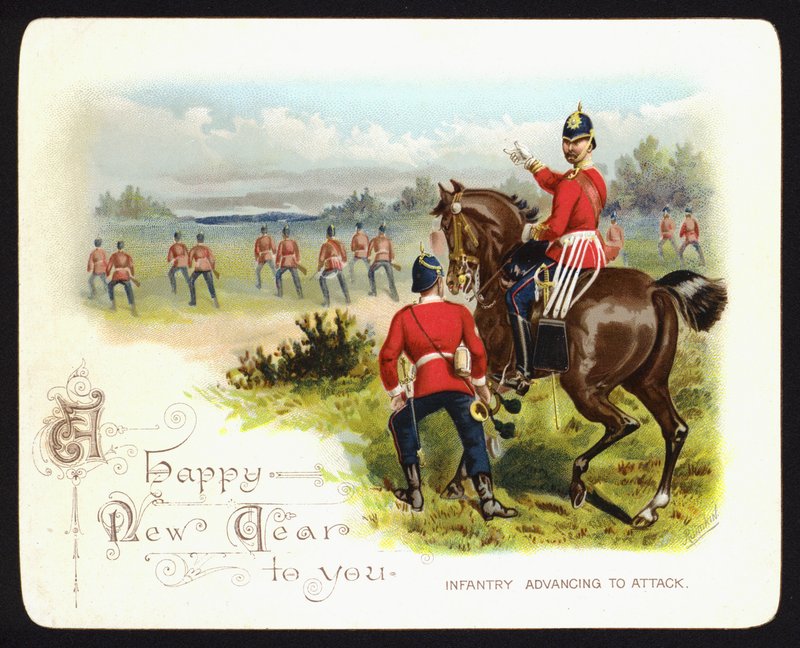 Jalkaväki etenee hyökkäykseen, uudenvuoden onnittelukortti (chromolitho) tekijältä Richard (after) Simkin