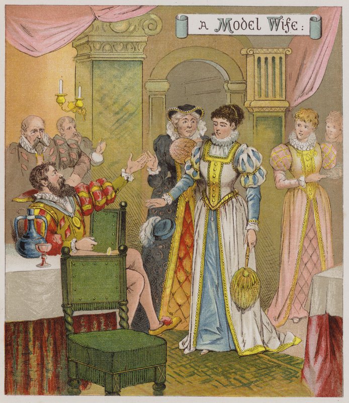 Kuvitus elokuvasta The Taming Of The Shrrew (chromolitho) tekijältä Richard Andre