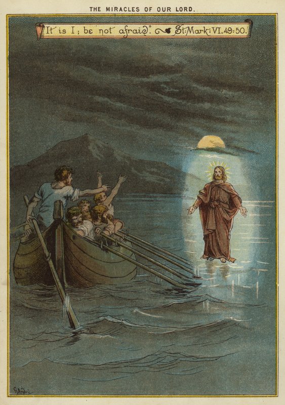 Kristuksen ihmeet: Jeesus kävelee veden päällä (chromolitho) tekijältä Richard Andre
