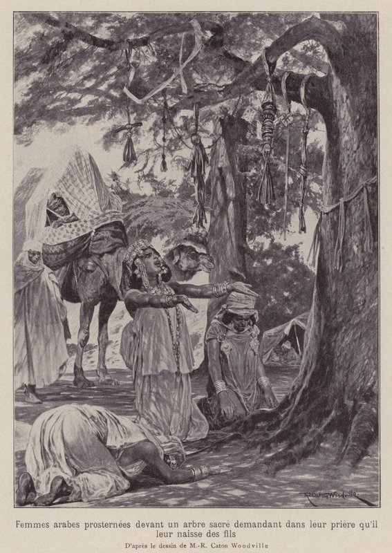 Arabinaiset kumartumassa pyhän puun eteen rukoillen, että heille annettaisiin lapsia (litho) tekijältä Richard Caton II (after) Woodville