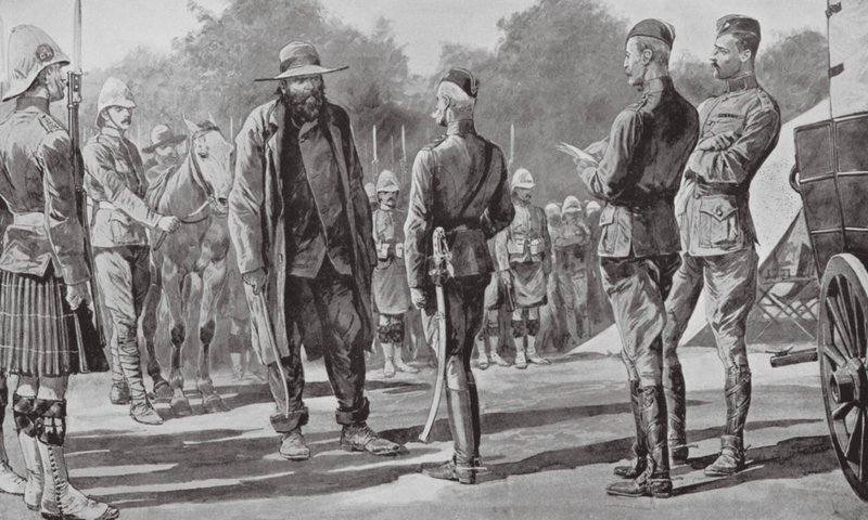 Komentaja Cronje antautuu lordi Robertsille (litografia) tekijältä Richard Caton II (after) Woodville