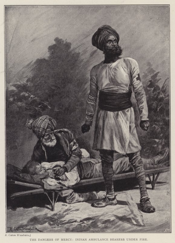 Armon vaarat, Intian Ambulanssin kantajat tulen alla (litho) tekijältä Richard Caton II (after) Woodville