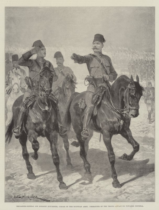 Prikaatikenraali Sir Herbert Kitchener, Egyptin armeijan Sirdar, Dongolaa kohti etenevien joukkojen komentaja tekijältä Richard Caton Woodville junior