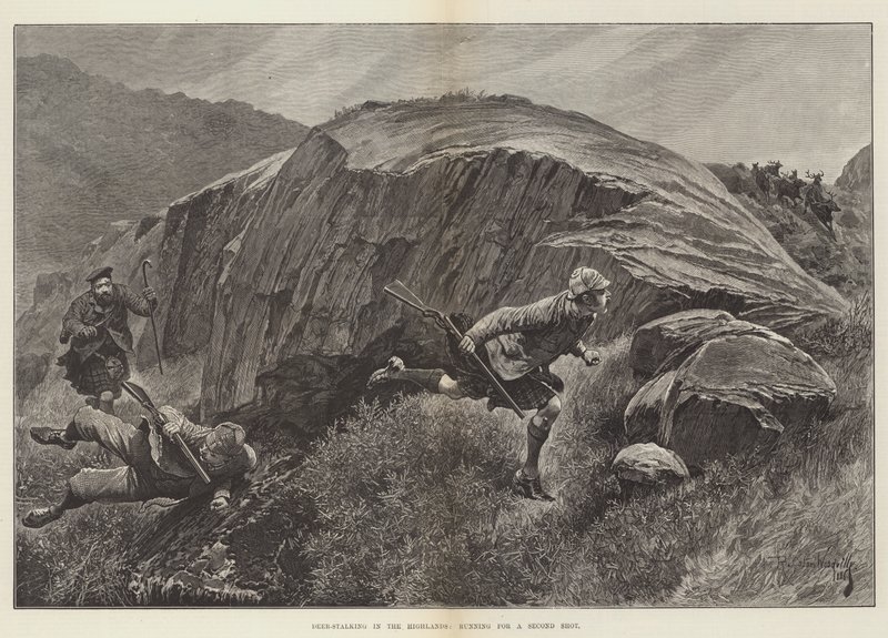 Deer-Stalking in Highlands, juoksemassa toiselle laukaukselle tekijältä Richard Caton Woodville junior